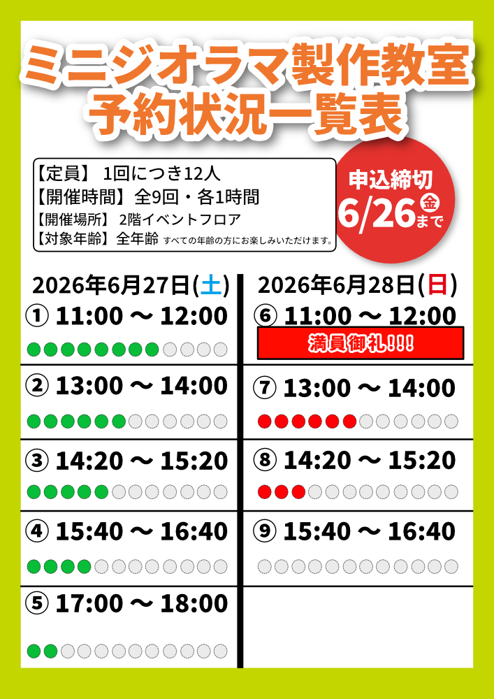 （6/18時点）満席の回が出ました!!まだまだ受付中のミニジオラマ製作教室、お見逃しなく！！（6/18時点）