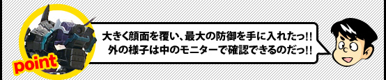 大きく顔面を覆い、最大の防御を手に入れたっ!!外の様子は中のモニターで確認できるのだっ!!