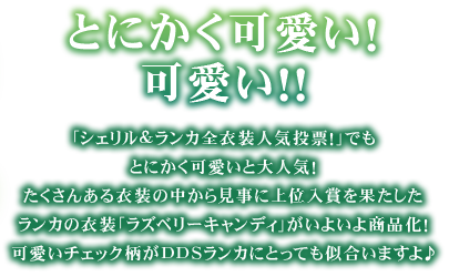 とにかく可愛い！　可愛い！！
        「シェリル＆ランカ全衣装人気投票！」でもとにかく可愛いと大人気！ たくさんある衣装の中から見事に上位入賞を果たしたランカの衣装「ラズベリーキャンディ」がいよいよ商品化！
        可愛いチェック柄がDDSランカにとっても似合いますよ♪